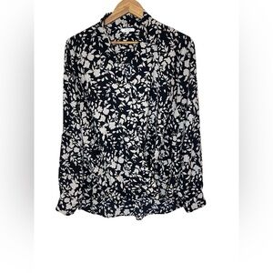 Pleione Long Sleeve Black and Tan Floral Faux Wrap Blouse Women’s Size XL